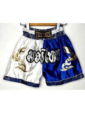 Muay Thai Fight Shorts Youth M Blue Gold Kickboxing MMA Training Satin Style
